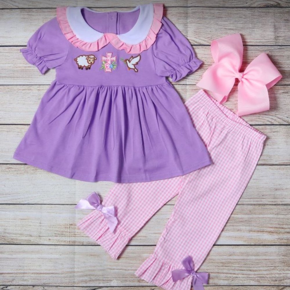 EMBROIDERY APPLIQUE LILAC TOP WITH COLLAR AND PINK